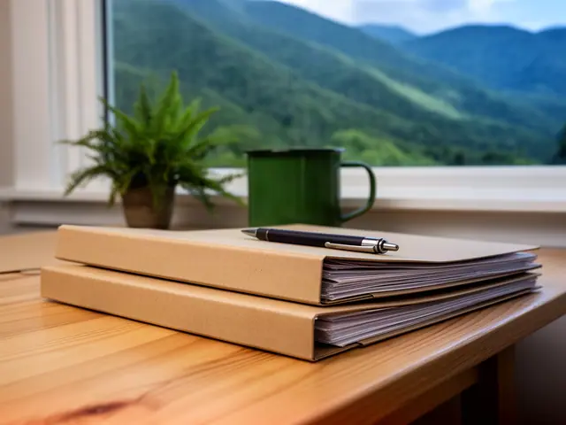 A neat stack of closed manila folders and a pen on a desk by a window.