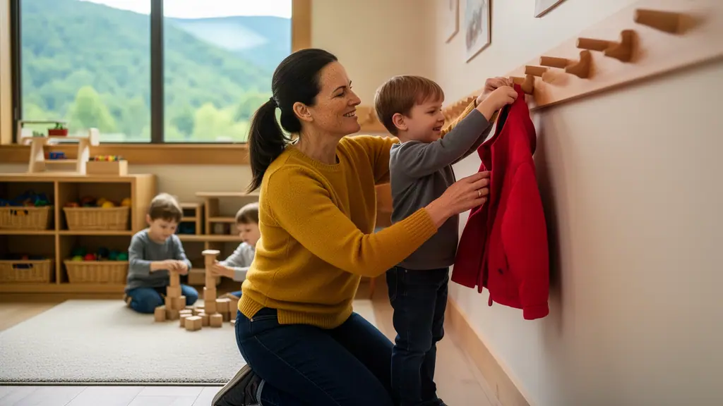 A child-care owner kneeling to help a small boy hang his red coat on a low hook while two children build with blocks.